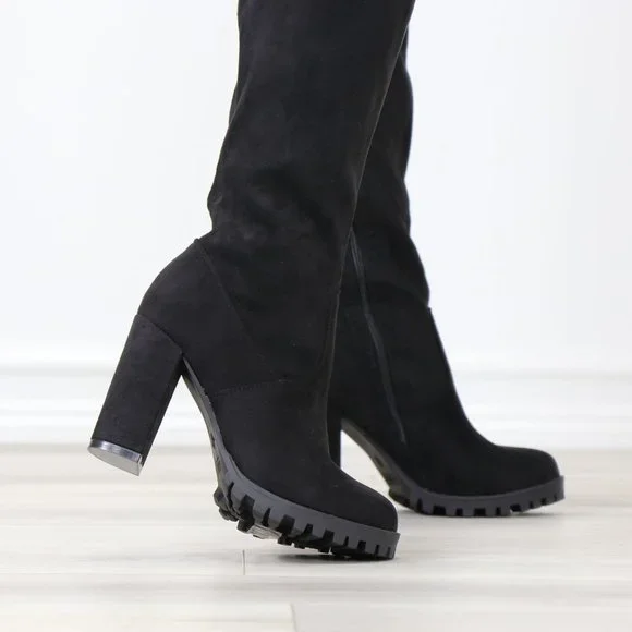 Black Thigh High Boots Over The Knee Block Lug High Heel Faux Suede Round Toe - Picture 7 of 13